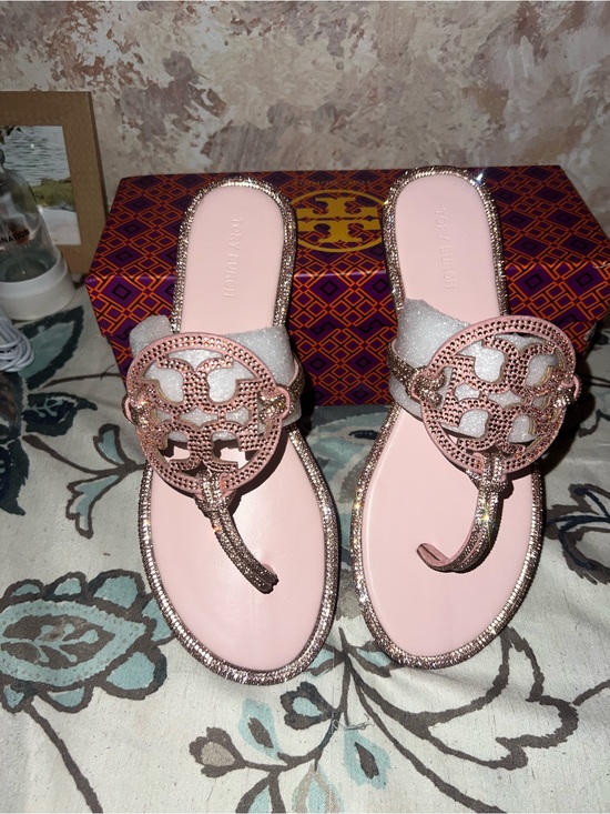 Tory Burch Shoes - Tory Burch Rose Gold Crystal Logo Thong Sandals